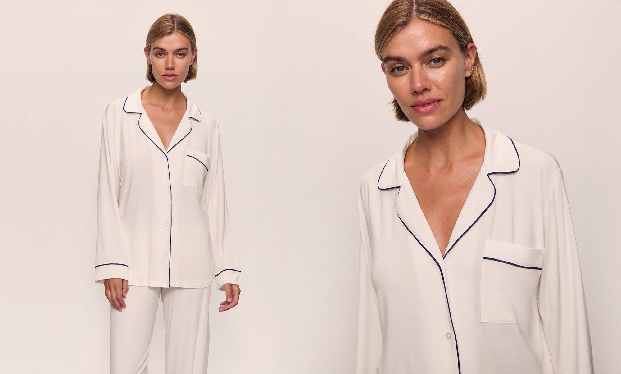 Image of Model wearing Tencel Woven Short Sleeve and Relaxed Pant in Almond Heather