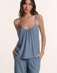 Model is wearing Gisele Printed TENCEL™ Modal Cami & Pant PJ Set in Duo Stripe Slate Blue