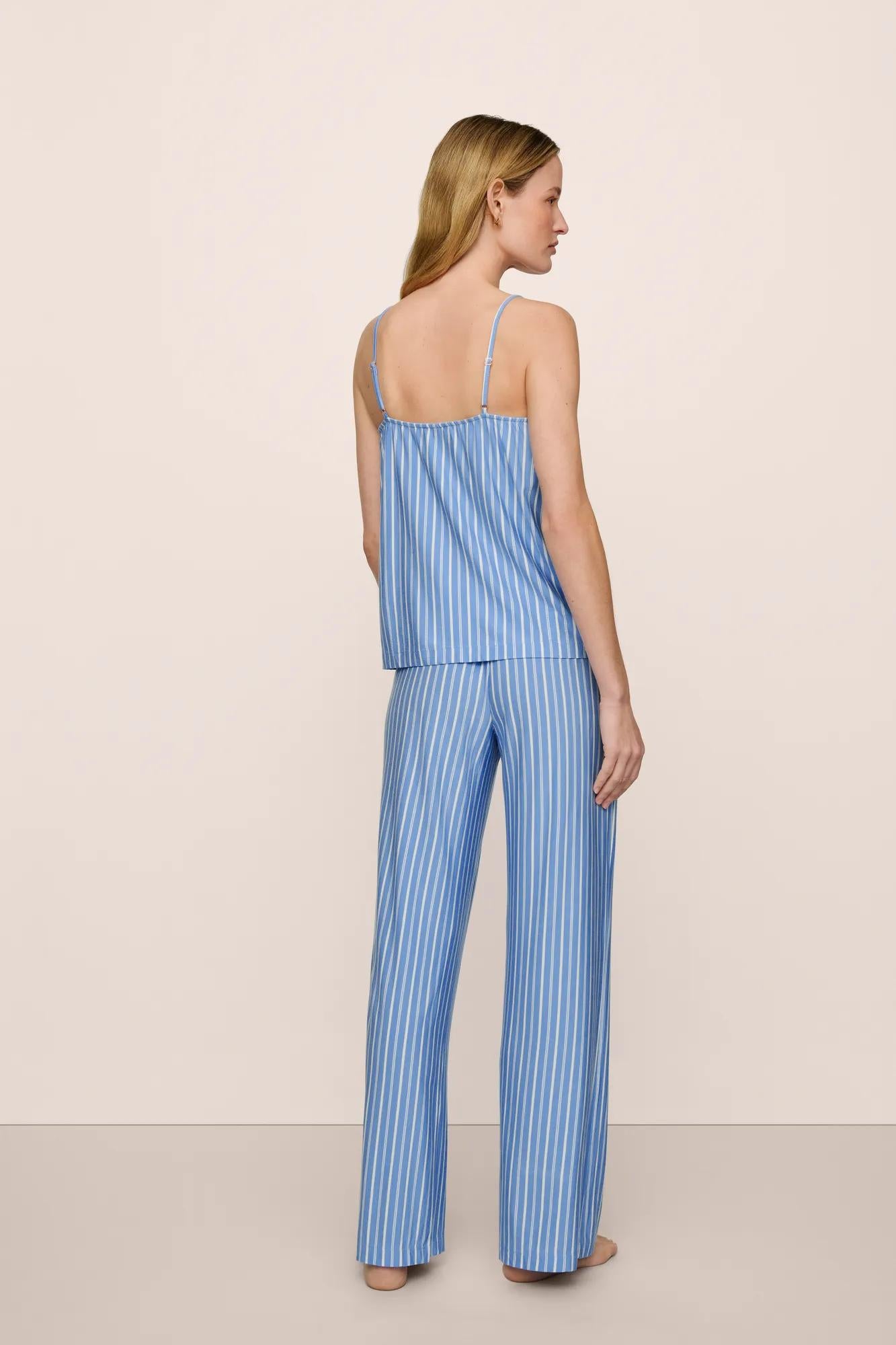 Model is wearing Gisele Printed TENCEL™ Modal Cami & Pant PJ Set in  Nordic Stripes Vista Blue/Iv
