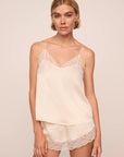 Model is wearing Washable Silk Lace Cami & Short PJ Set in Champagne/Champagne