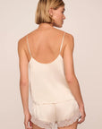 Model is wearing Washable Silk Lace Cami & Short PJ Set in Champagne/Champagne