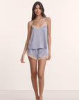 Model is wearing Washable Silk Lace Cami & Short Set in Lavender Dusk/Champagne