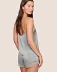 Model is wearing Washable Silk Lace Cami & Short Set in Lead/Lead
