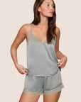 Model is wearing Washable Silk Lace Cami & Short Set in Lead/Lead