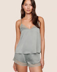 Model is wearing Washable Silk Lace Cami & Short Set in Lead/Lead