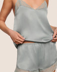 Model is wearing Washable Silk Lace Cami & Short Set in Lead/Lead