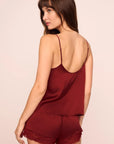 Model is wearing Washable Silk Lace Cami & Short PJ Set in Merlot/Merlot