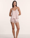 Model is wearing Washable Silk Lace Cami & Short Set in Pale Pink/Champagne