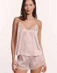 Model is wearing Washable Silk Lace Cami & Short Set in Pale Pink/Champagne