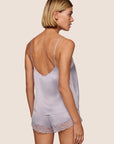 Model is wearing Washable Silk Lace Cami & Short Set in Thistle/Thistle