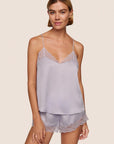 Model is wearing Washable Silk Lace Cami & Short Set in Thistle/Thistle