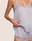Model is wearing Washable Silk Lace Cami & Short Set in Thistle/Thistle