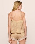 Model is wearing Washable Silk Printed Lace Cami & Short Set in MinkPuff/Champagne