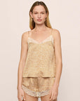 Model is wearing Washable Silk Printed Lace Cami & Short Set in MinkPuff/Champagne