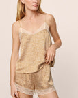 Model is wearing Washable Silk Printed Lace Cami & Short Set in MinkPuff/Champagne