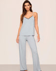 Model is wearing Frida TENCEL™ Modal Long PJ Set in Gray Dawn/Navy