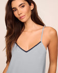 Model is wearing Frida TENCEL™ Modal Long PJ Set in Gray Dawn/Navy