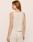 Model is wearing Organic Linen Knit Boat Neck Crop Tank in Ivory