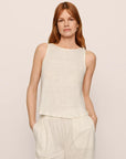 Model is wearing Organic Linen Knit Boat Neck Crop Tank in Ivory