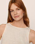 Model is wearing Organic Linen Knit Boat Neck Crop Tank in Ivory