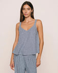 Model is wearing Linen Blend V Neck Cami in Gingham White/Navy