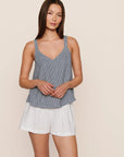 Model is wearing Linen Blend V Neck Cami in Gingham White/Navy