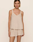 Model is wearing Linen Blend V Neck Cami in Gingham White/Warm Taupe