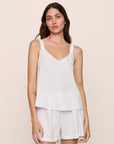 Model is wearing Linen Blend V Neck Cami in White