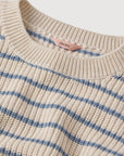 Model is wearing Coastal Cotton Sweaters Crew Neck Pullover in Stripe Almond Heather/Faded De