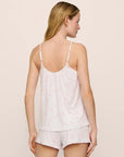 Model is wearing Gisele TENCEL™ Printed Modal Ruffle Cami & Shortie Short Set in SummerDaisyWhite