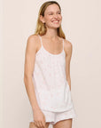 Model is wearing Gisele TENCEL™ Printed Modal Ruffle Cami & Shortie Short Set in SummerDaisyWhite