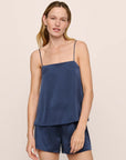Model is wearing Washable Silk Jacquard Cami & Short PJ Set in Navy