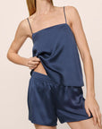Model is wearing Washable Silk Jacquard Cami & Short PJ Set in Navy