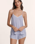 Model is wearing Frida TENCEL™ Modal Cami & Shortie Short PJ Set in Lavender Dusk/Ivory