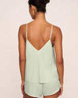 Model is wearing Frida TENCEL™ Modal Cami & Shortie Short PJ Set in Mint Cream/Ivory