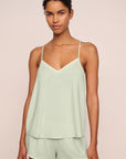 Model is wearing Frida TENCEL™ Modal Cami & Shortie Short PJ Set in Mint Cream/Ivory