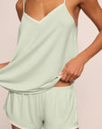 Model is wearing Frida TENCEL™ Modal Cami & Shortie Short PJ Set in Mint Cream/Ivory