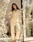 Model is wearing Inez Washable Silk Long PJ Set in Sunshine/White