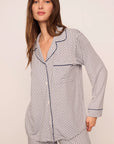 Model is wearing Gisele Printed TENCEL™ Modal Long PJ Set in Geo Sphere Gray Dawn