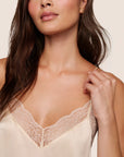 Model is wearing Washable Silk Lace Slip in Champagne/Champagne