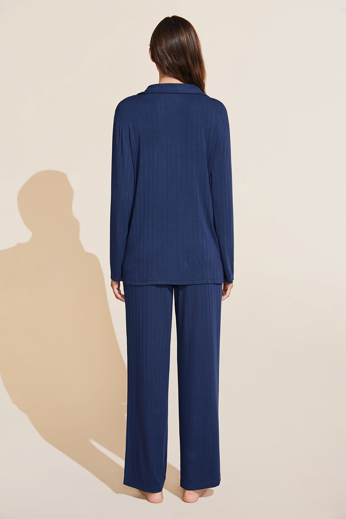 Model wears Gisele TENCEL™ Modal Rib Long PJ Set in navy.
