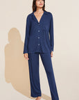 Model wears Gisele TENCEL™ Modal Rib Long PJ Set in navy.