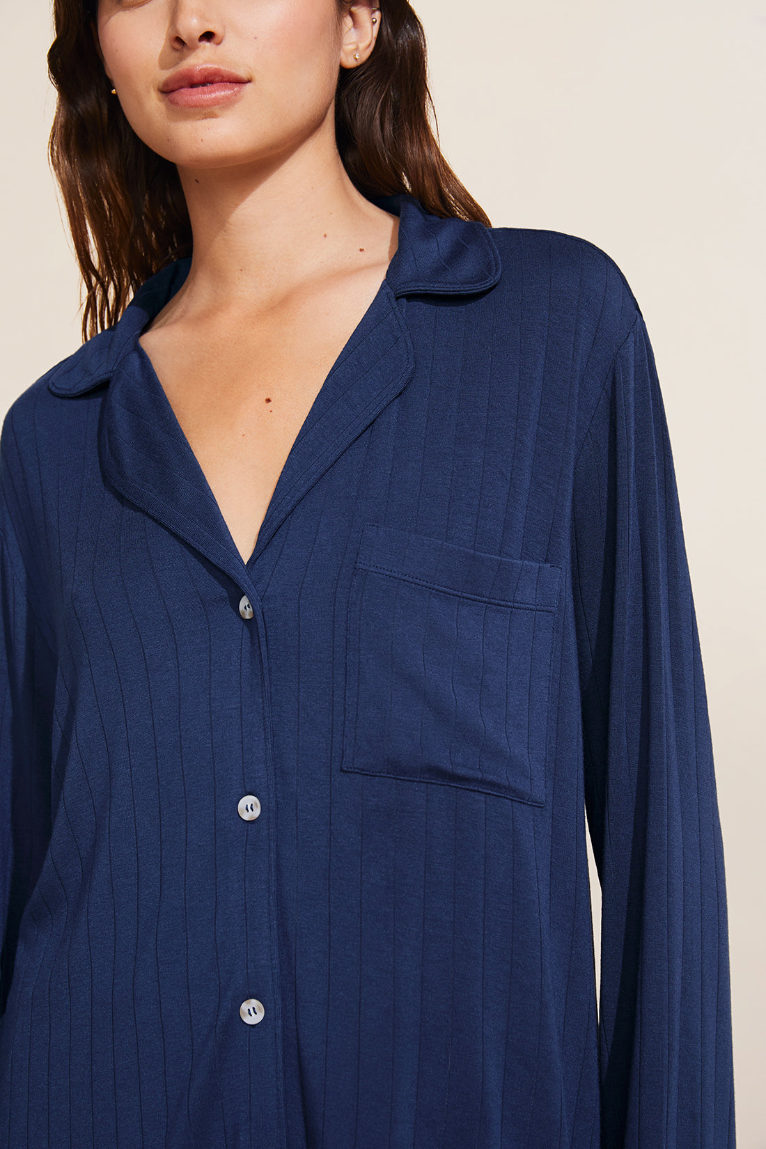Model wears Gisele TENCEL™ Modal Rib Long PJ Set in navy.