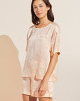 Model wears Inez Washable Silk Printed Short Sleeve Tee & Boxer PJ Set in Marble Rose Cloud.