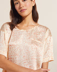Model wears Inez Washable Silk Printed Short Sleeve Tee & Boxer PJ Set in Marble Rose Cloud.