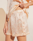Model wears Inez Washable Silk Printed Short Sleeve Tee & Boxer PJ Set in Marble Rose Cloud.