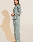 Model wears Inez Washable Silk Printed Long PJ Set in Tropical Tile Agave/Agave.