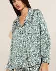 Model wears Inez Washable Silk Printed Long PJ Set in Tropical Tile Agave/Agave.
