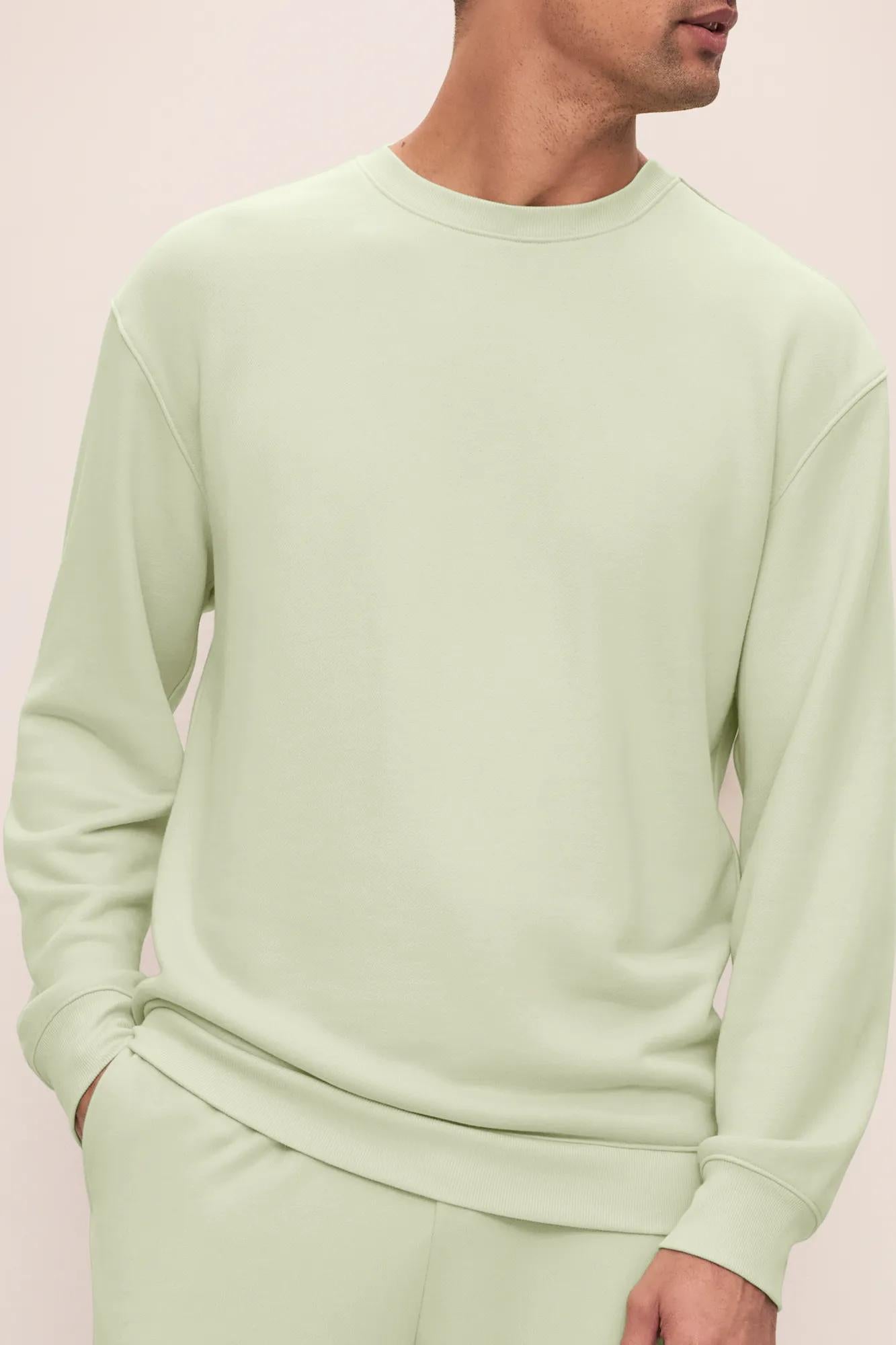 Model is wearing French Terry Sweatshirt in Matcha