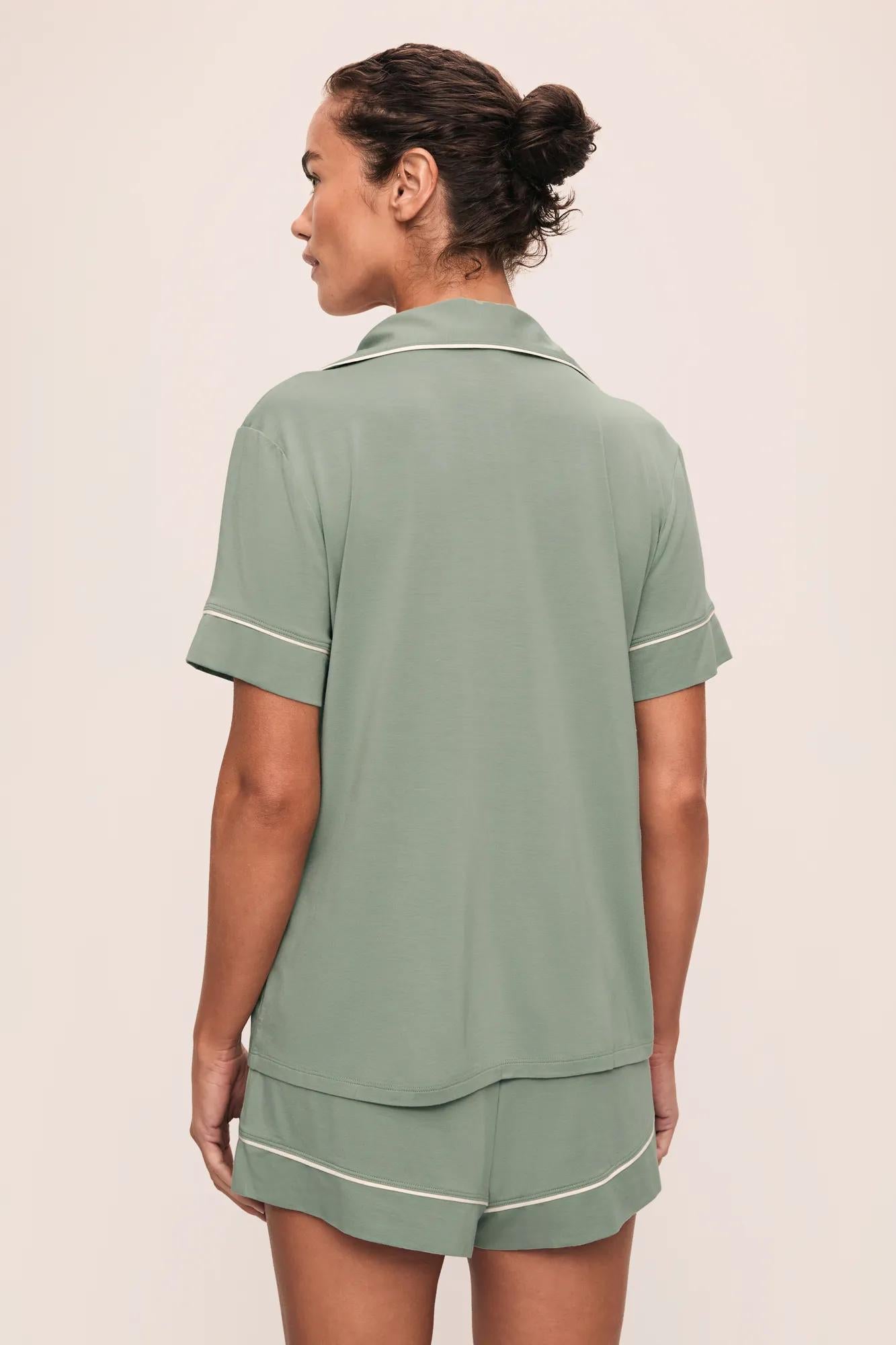 Model is wearing Gisele TENCEL™ Modal Relaxed Short PJ Set in Eucalyptus/Ivory